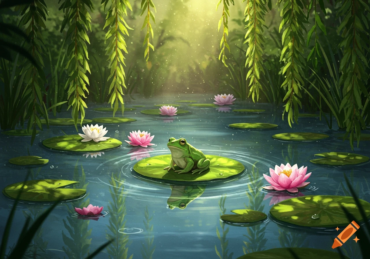 A vibrant green frog sits on a lily pad in a sunlit pond surrounded by pink and white water lilies and lush green foliage.