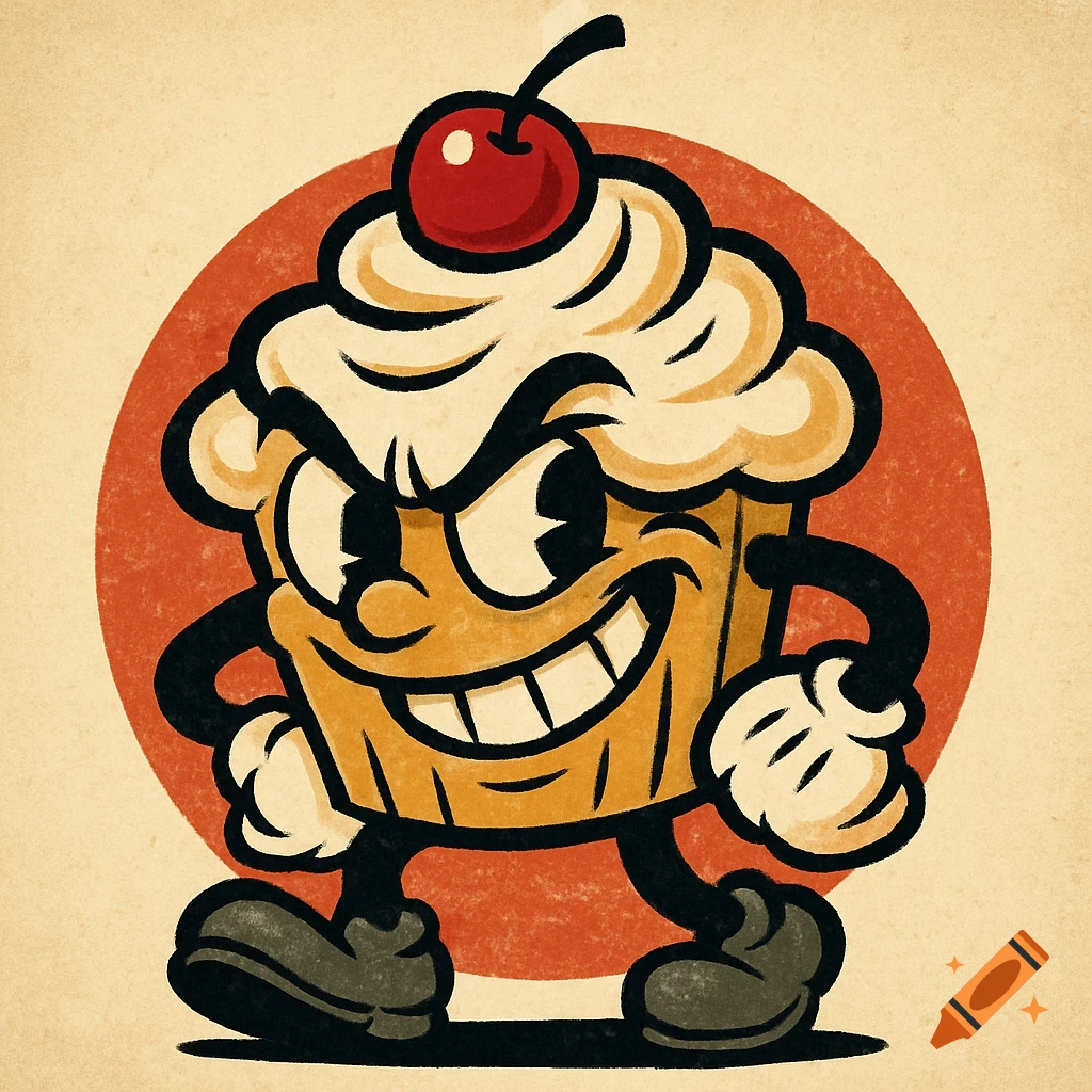 A vintage cartoon style cupcake character with a mischievous grin and a cherry on top, against a red circle background.