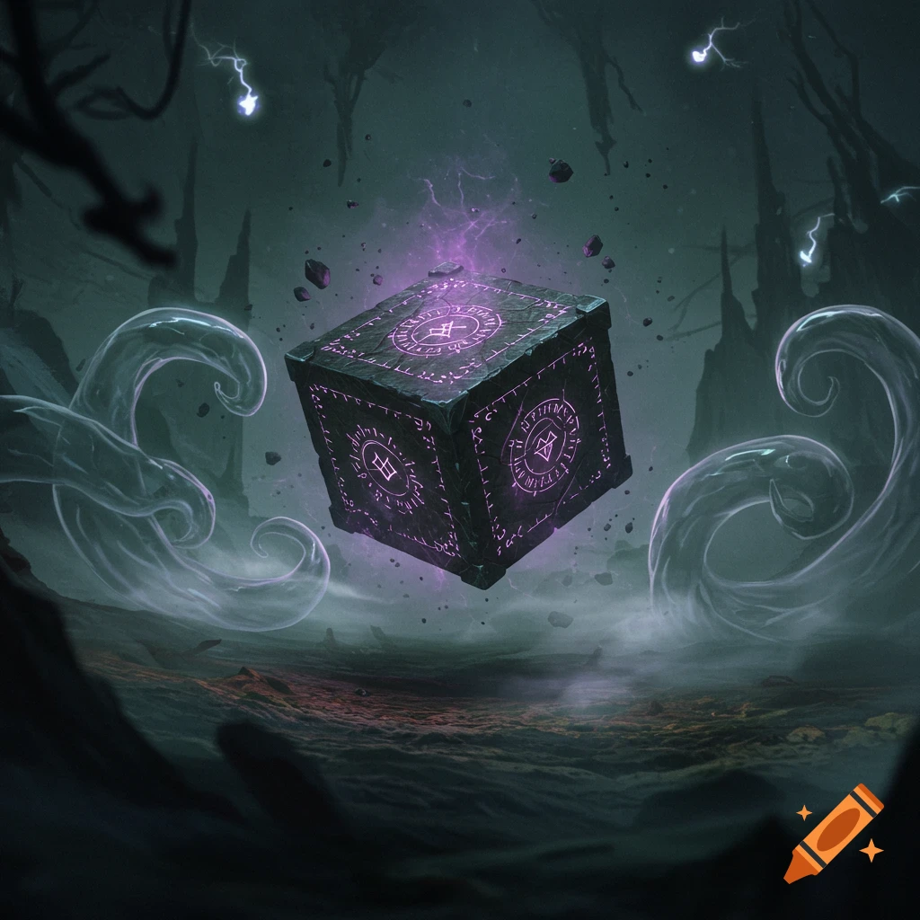 A glowing purple cube with mystical runes floats above a dark, eerie landscape.