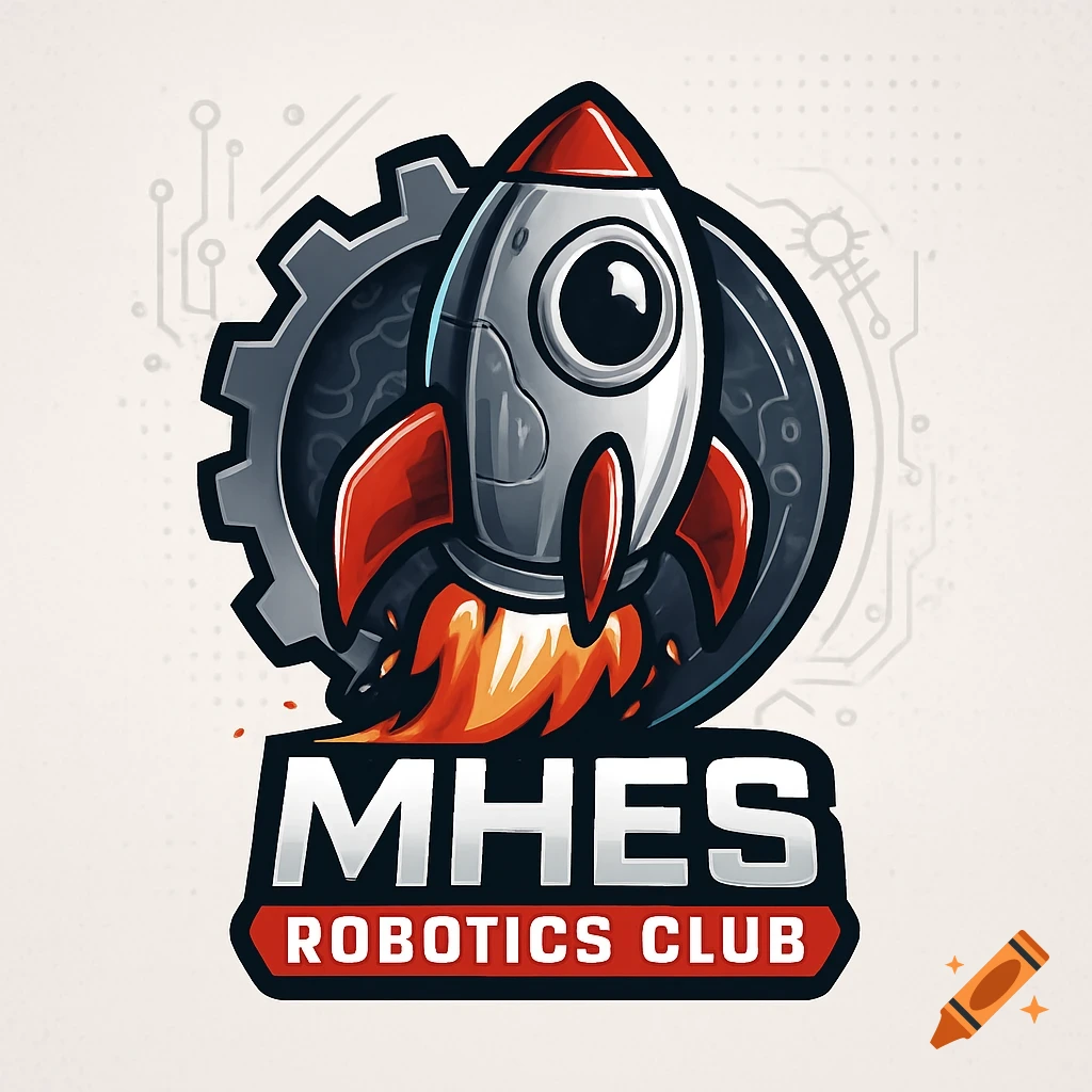 A vibrant logo featuring a stylized rocket ship blasting off, set against a gear and circuit background, with 'MHES ROBOTICS CLUB' text below.