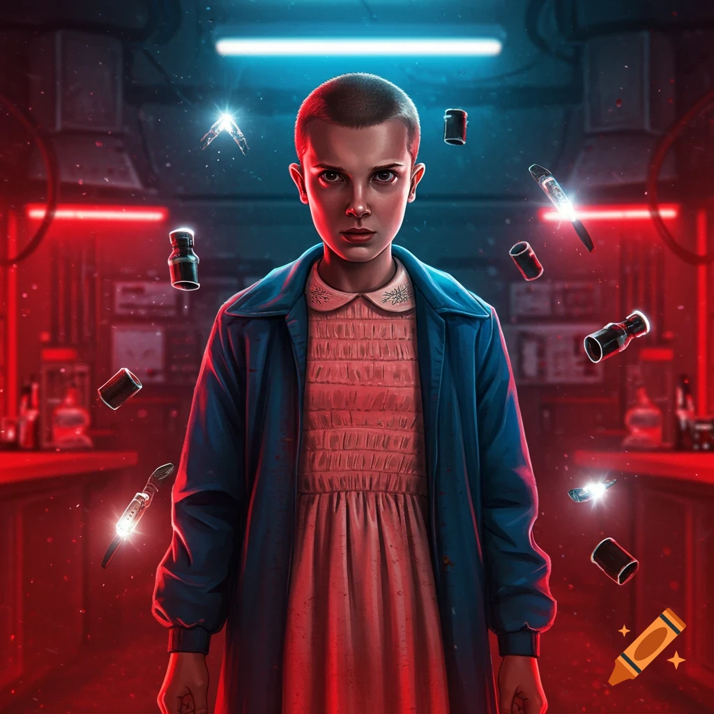 A serious Eleven from Stranger Things stands in a blue and red lit lab, with objects floating around her in this stylized digital art.