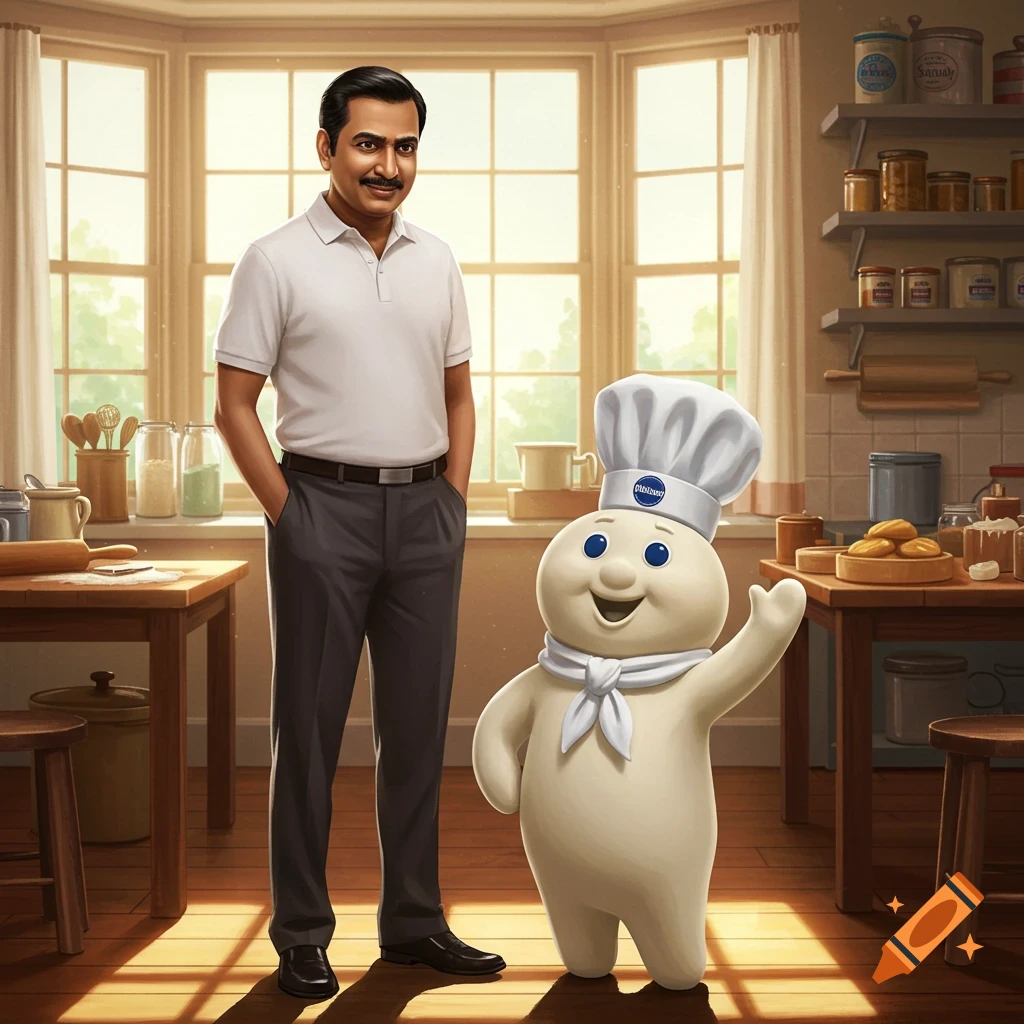 A smiling Indian man in a white polo stands next to the Pillsbury Doughboy in a bright kitchen with wooden tables and sunlit windows.