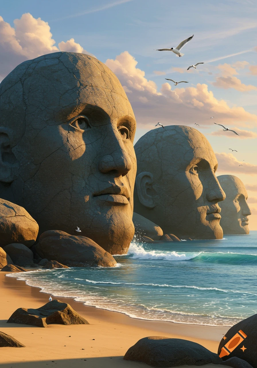 Giant weathered stone heads resembling human faces rise from the ocean on a sandy beach at sunset, with seagulls flying above.