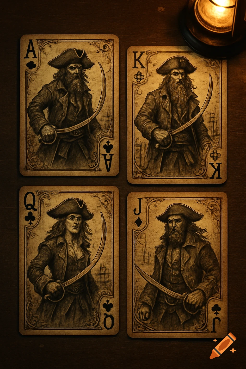Four vintage-style playing cards featuring pirate portraits, including an Ace, King, Queen, and Jack, on a dark wooden surface with a warm lantern glow.