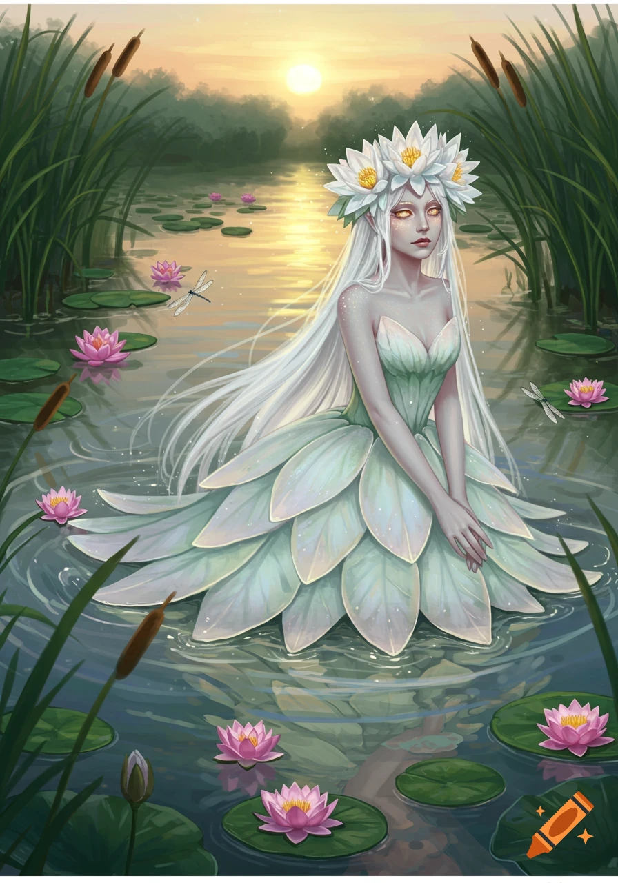 A white-haired princess with a water lily crown and dress sits in a river with pink water lilies at sunset, in a digital art style.