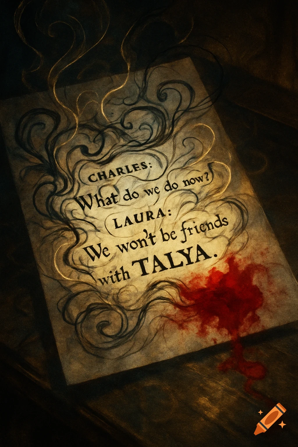 Dramatic script page with black swirls, a bloodstain, and dialogue reading 'We won't be friends with TALYA.'