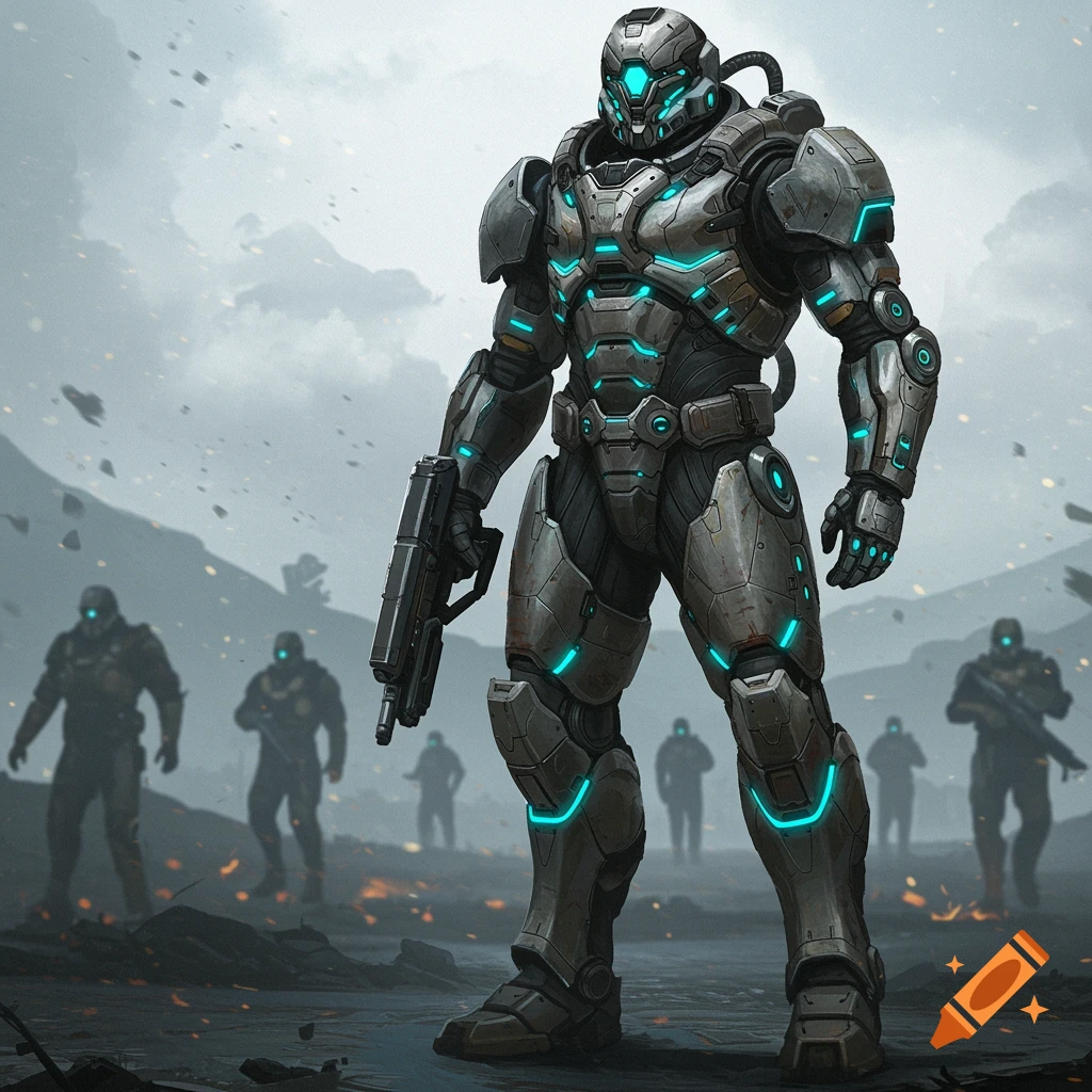 A highly detailed, armored futuristic soldier stands in a desolate, war-torn landscape, holding a rifle, with other soldiers blurred in the background.