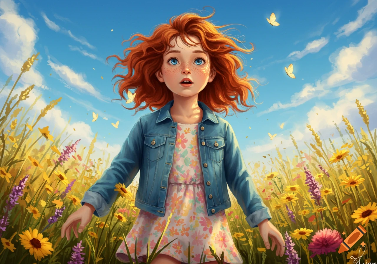 A vibrant digital illustration of a red-haired child in a denim jacket and floral dress, standing in a sunny wildflower meadow with butterflies.