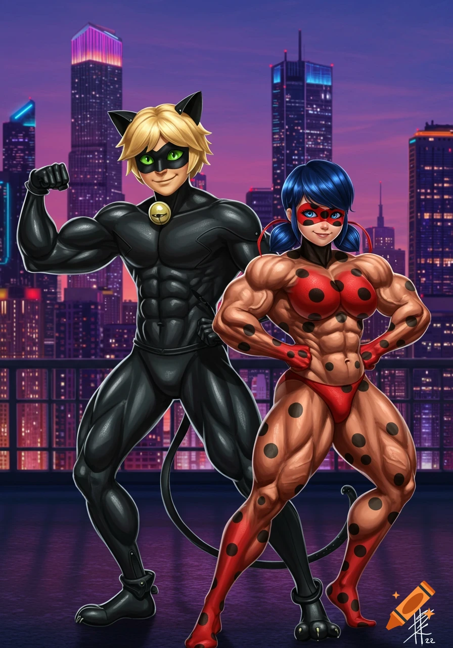 Bodybuilder Chat Noir and Ladybug flexing on a rooftop with a city skyline background in a comic art style.