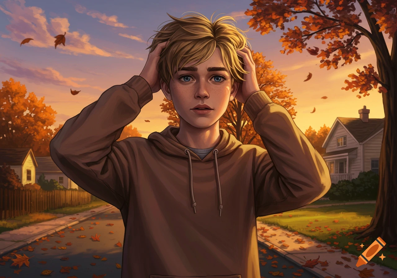 An illustrative portrait of a young boy with blond hair in a brown hoodie, hands in his hair, standing on an autumn street with falling leaves and houses in the background at sunset.