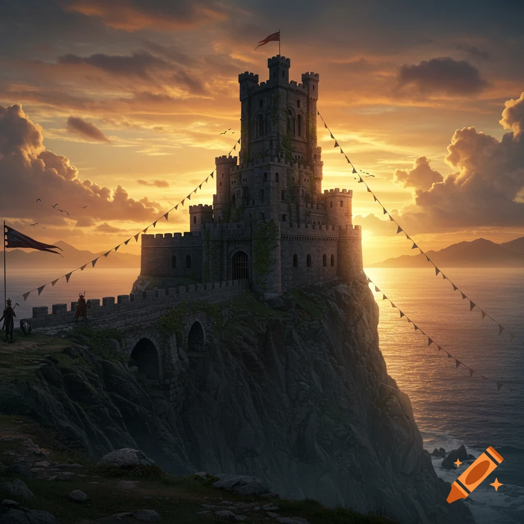 A majestic castle perched on a rugged cliff overlooking the ocean at sunset, with a vibrant orange sky.