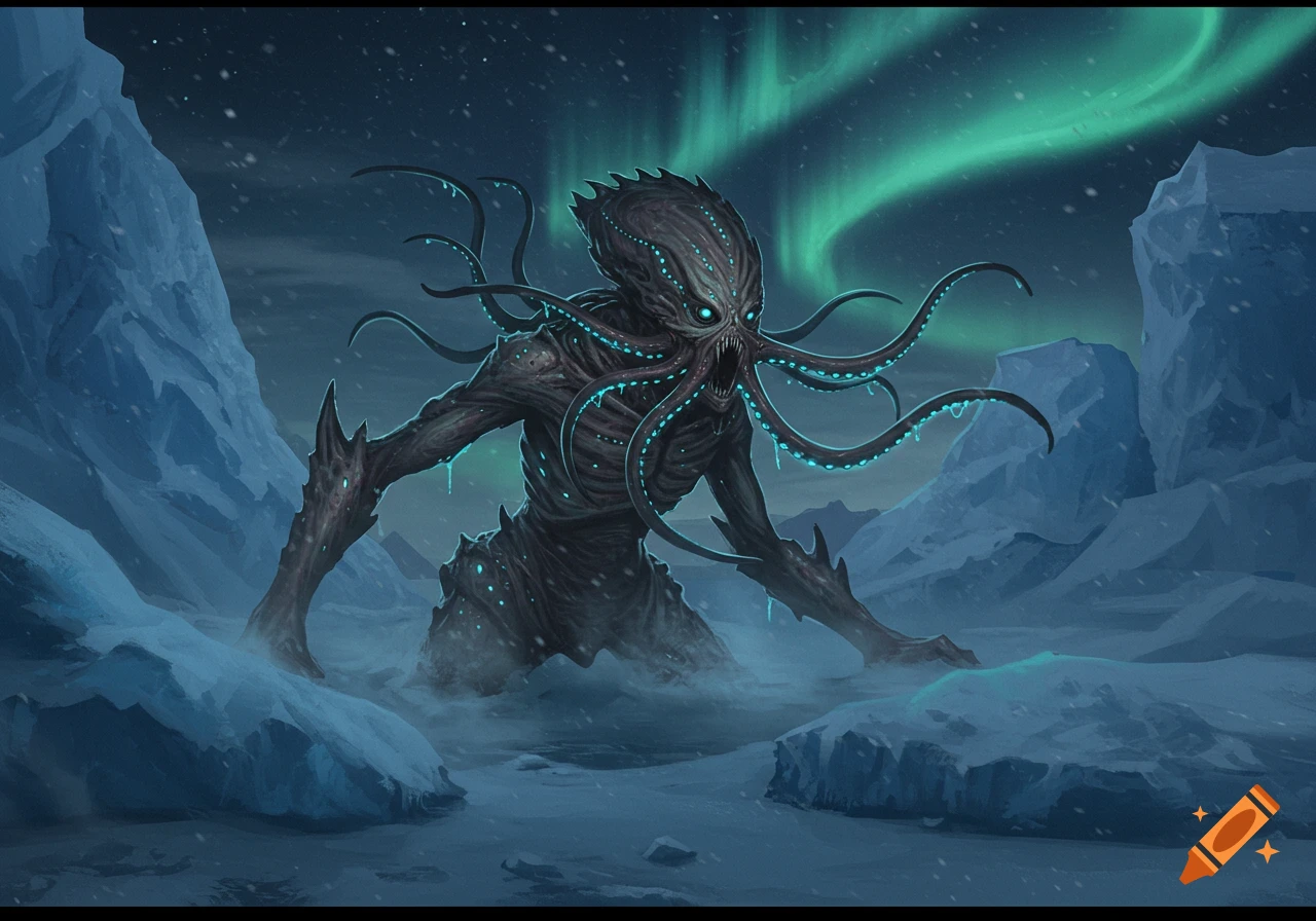 A dark, Cthulhu-like monster with glowing blue eyes and bioluminescent tentacles stands in a snowy arctic landscape under a green aurora borealis.