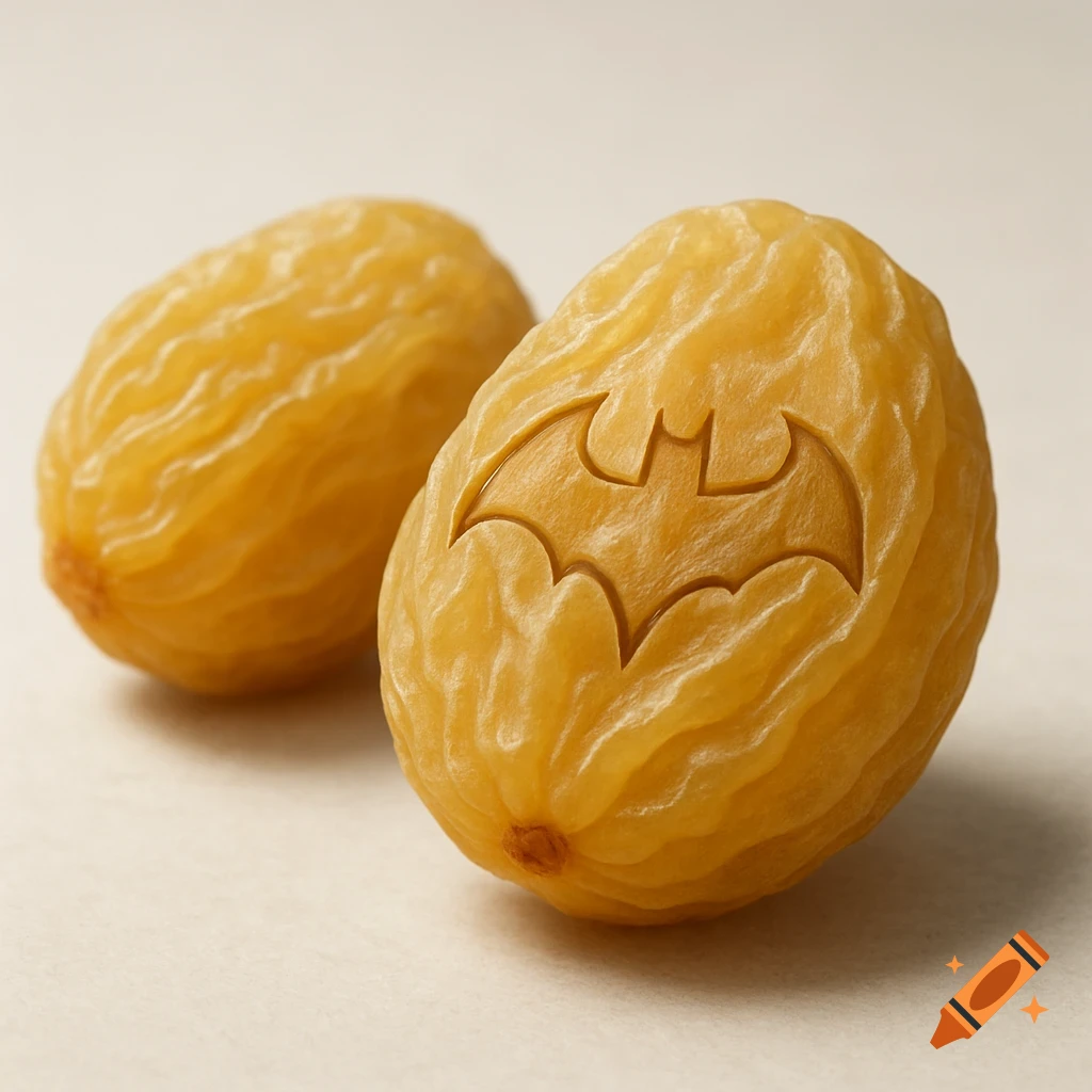 Two golden raisins, one with a Batman logo.