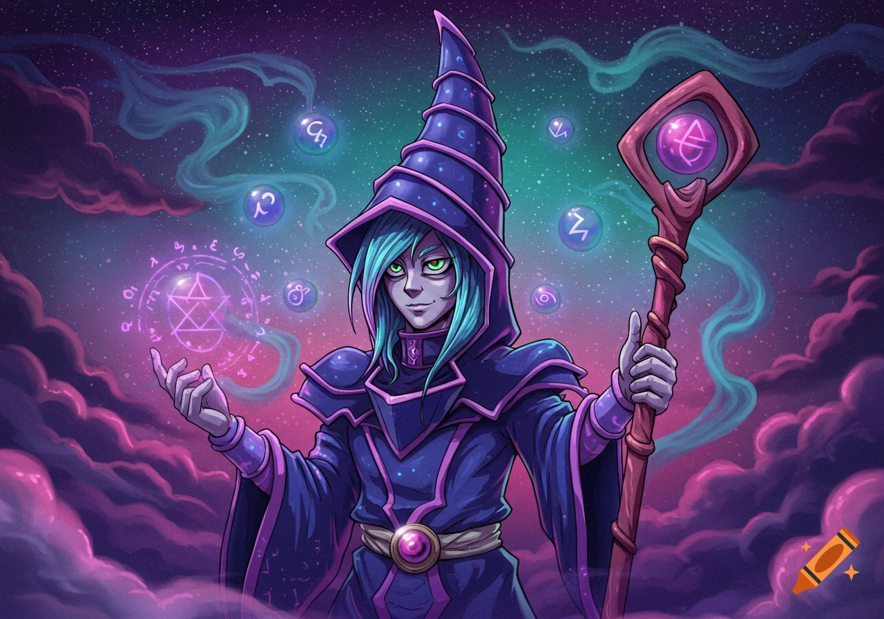 An anime-style dark magician character with blue hair and green eyes, wearing a purple and blue robe and a tall hat, casting spells in a starry, cloudy, purple and green sky.