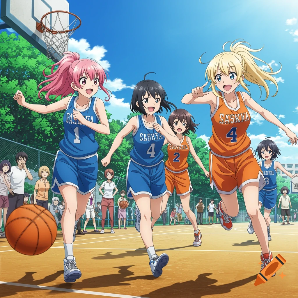 Anime girls playing basketball on an outdoor court with spectators.