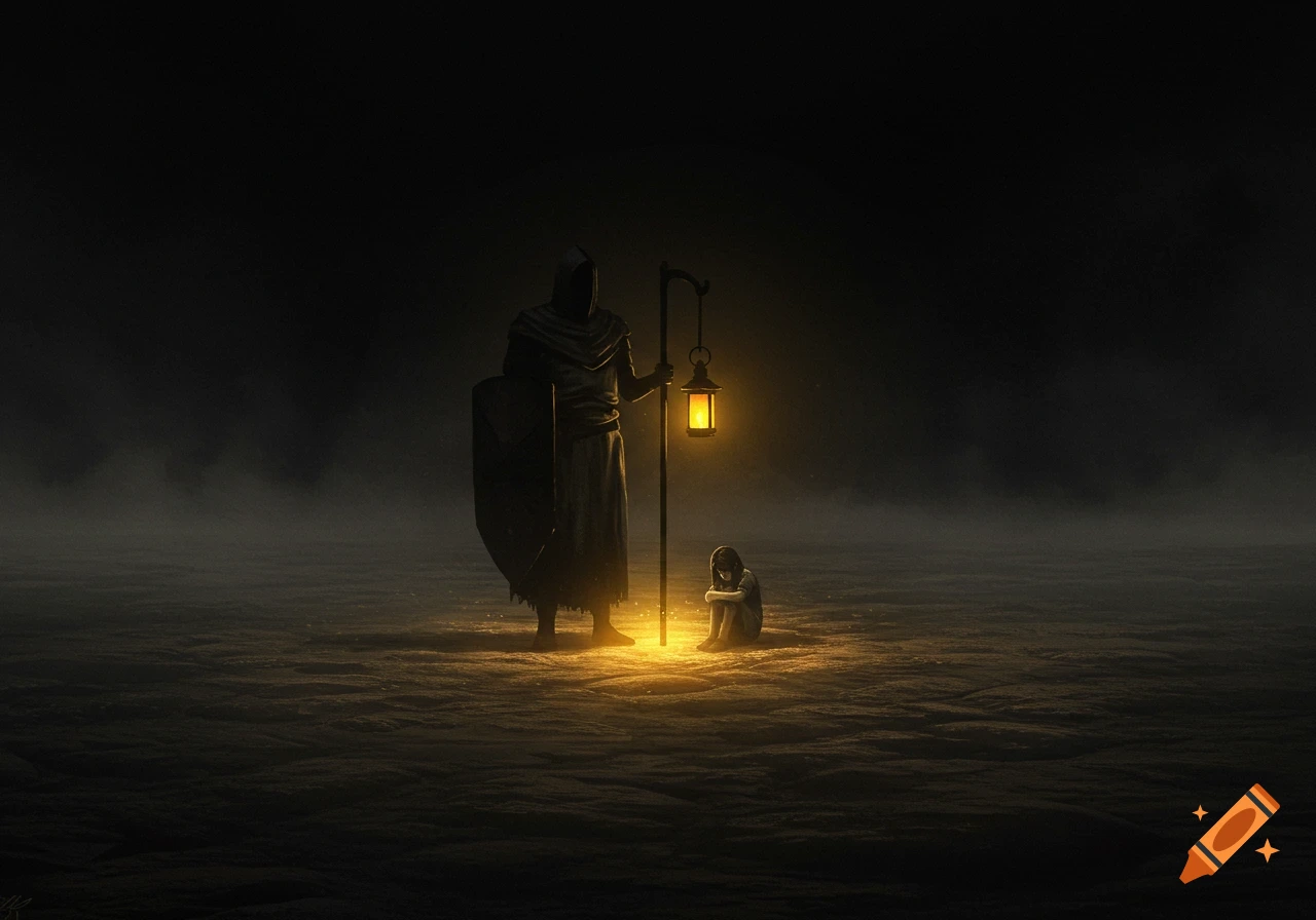 A cloaked guardian with a shield and lantern stands over a small, crying child in a dark, foggy landscape.