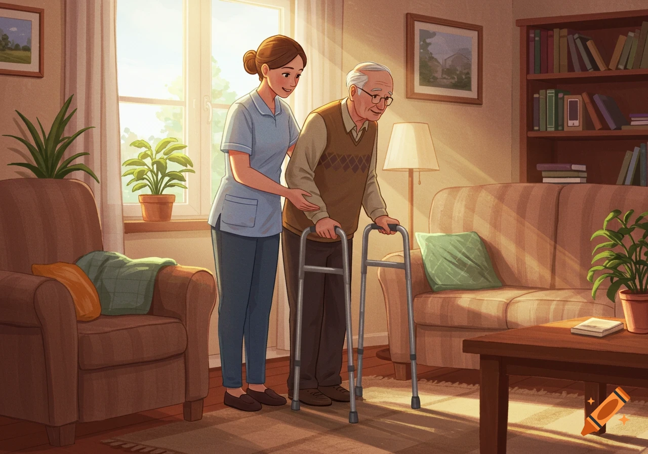 An illustration of a home care aide helping an elderly man with a walker in a sunlit living room.