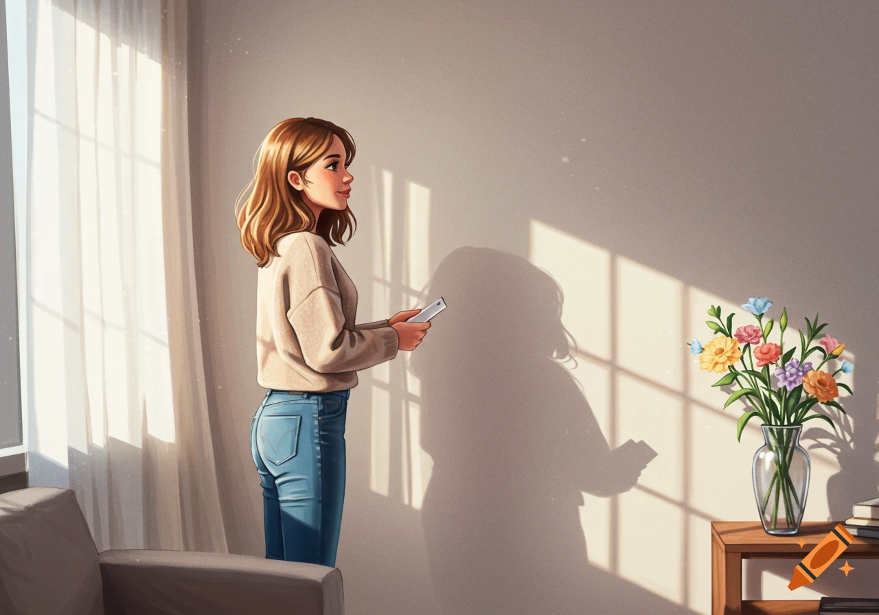 Illustration of a young woman in a beige sweater and blue jeans standing in a sunlit living room, holding a device. A vase of flowers is on a nearby table.