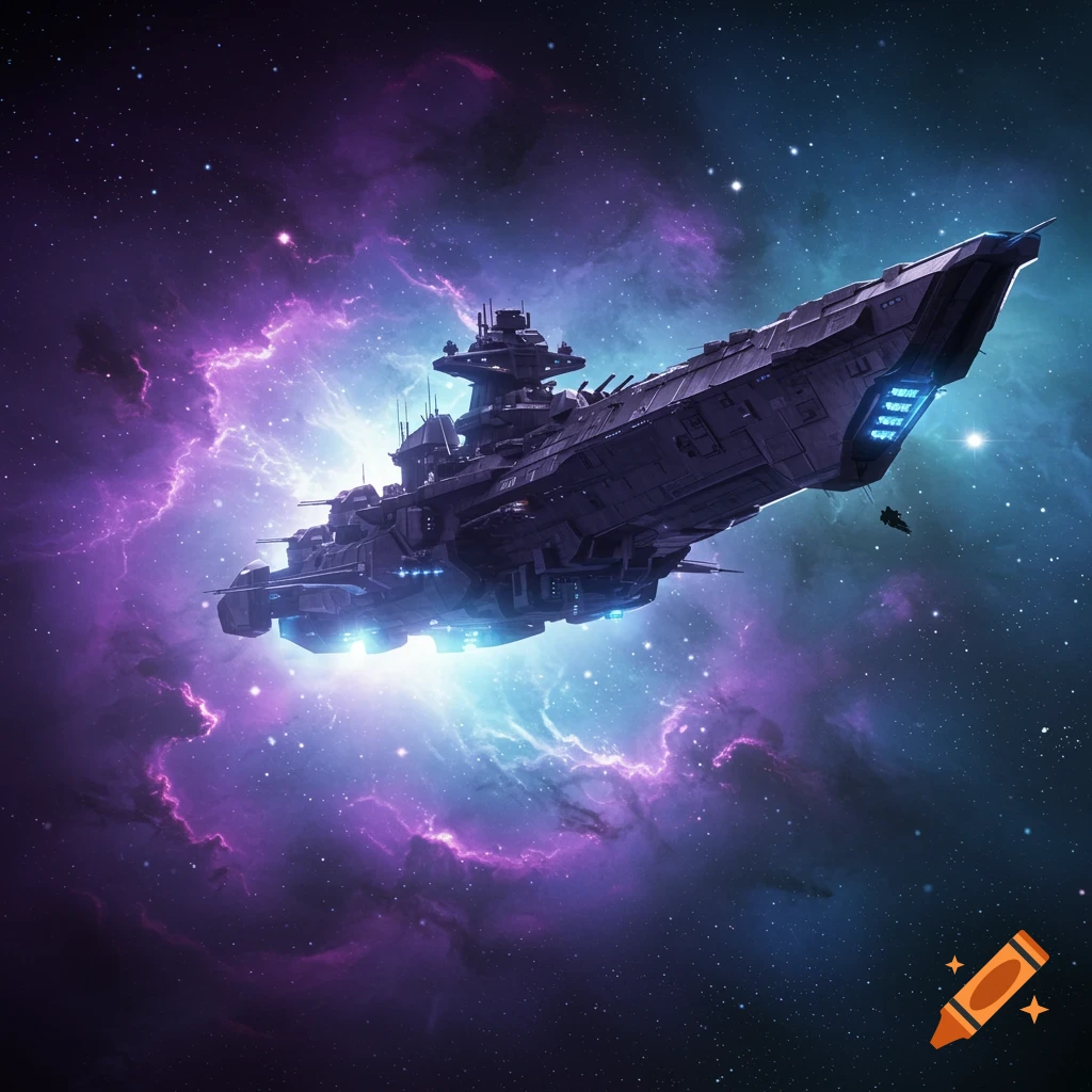 A detailed space battle cruiser with glowing blue engines floats through a vibrant purple and blue nebula filled with stars.