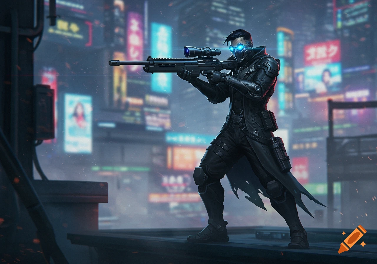 A sci-fi sniper in dark armor with glowing blue eyes stands on a rooftop overlooking a neon-lit cyberpunk city.