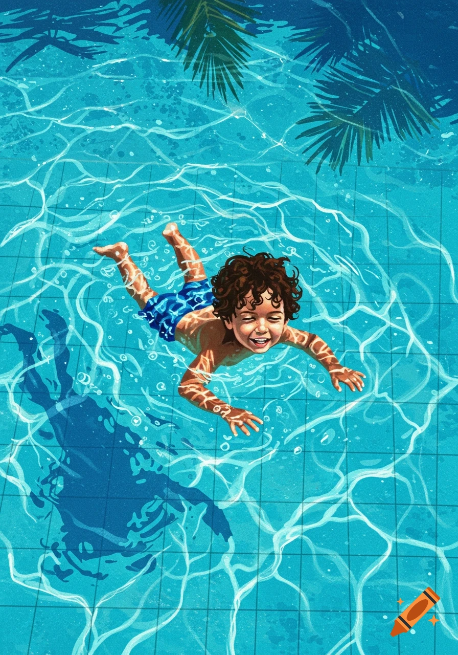 An illustration from above of a happy little boy swimming in a bright blue pool with reflections.