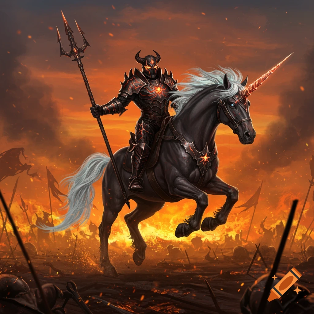 A dark knight in black and red armor rides a black unicorn through a fiery, war-torn battlefield at sunset.