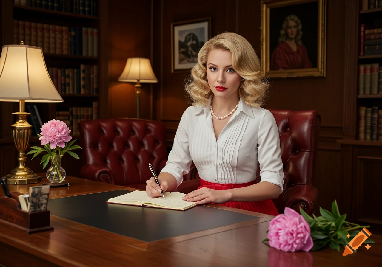 Elegant blonde woman in a white blouse and red skirt writing in a notebook at a mahogany desk in a classic office with bookshelves.