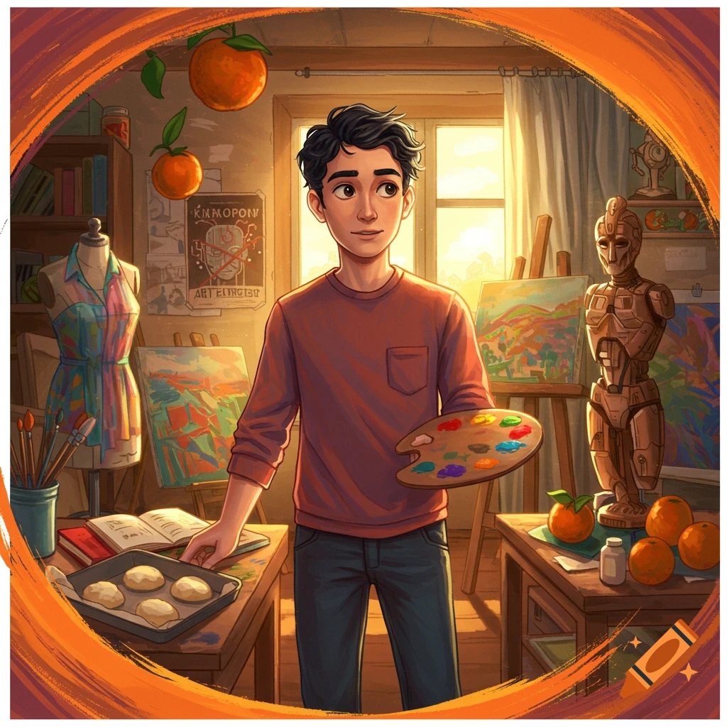Illustrated young man in an art studio, holding a palette, with a baking sheet of cookies and art supplies around him.