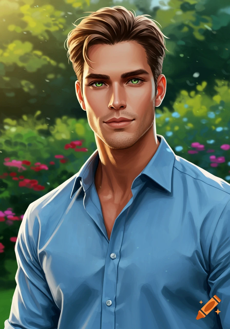 A handsome man with brown hair and green eyes in a blue shirt stands in a green garden, digital art style.