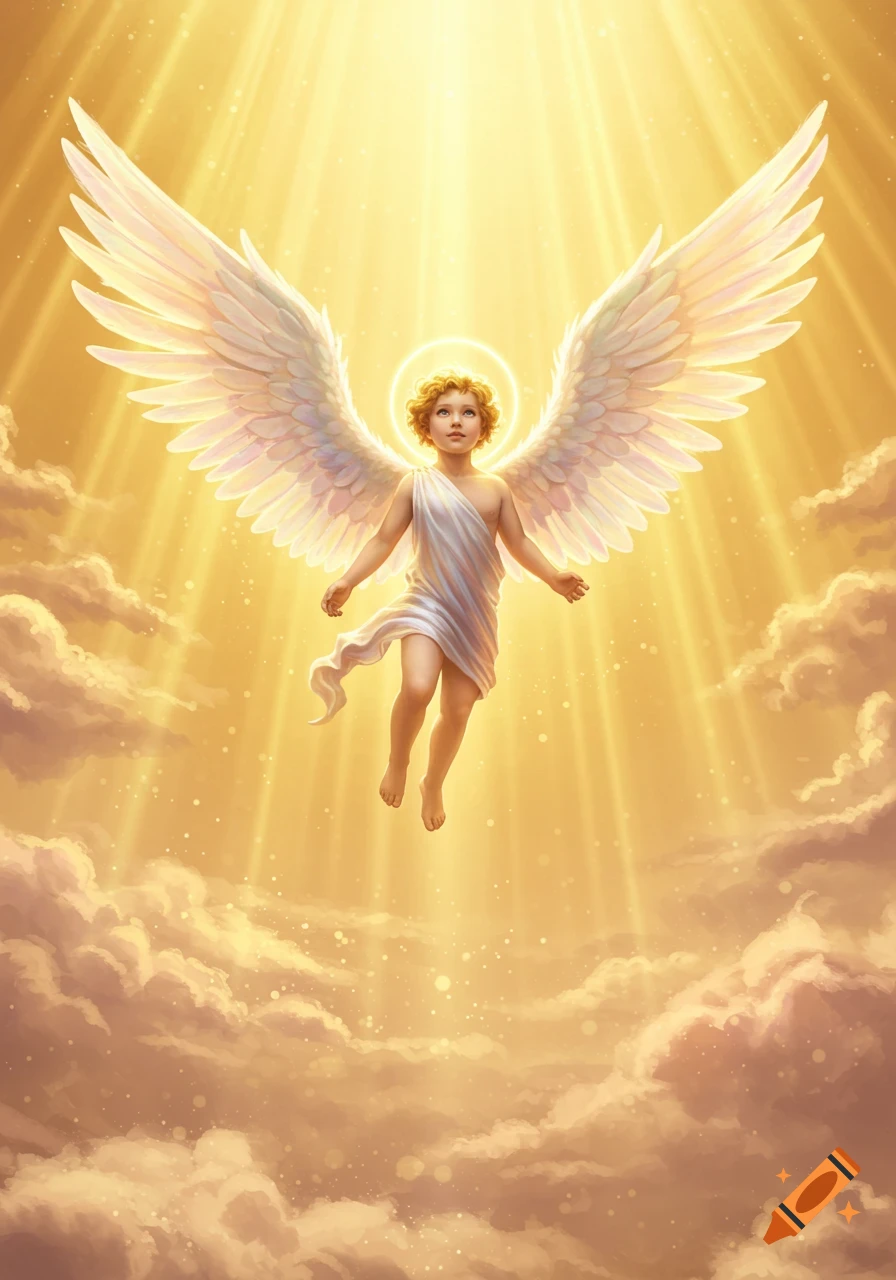 A golden-haired cherub with large white wings floats amidst a radiant golden sky, illuminated by shafts of light and surrounded by clouds.