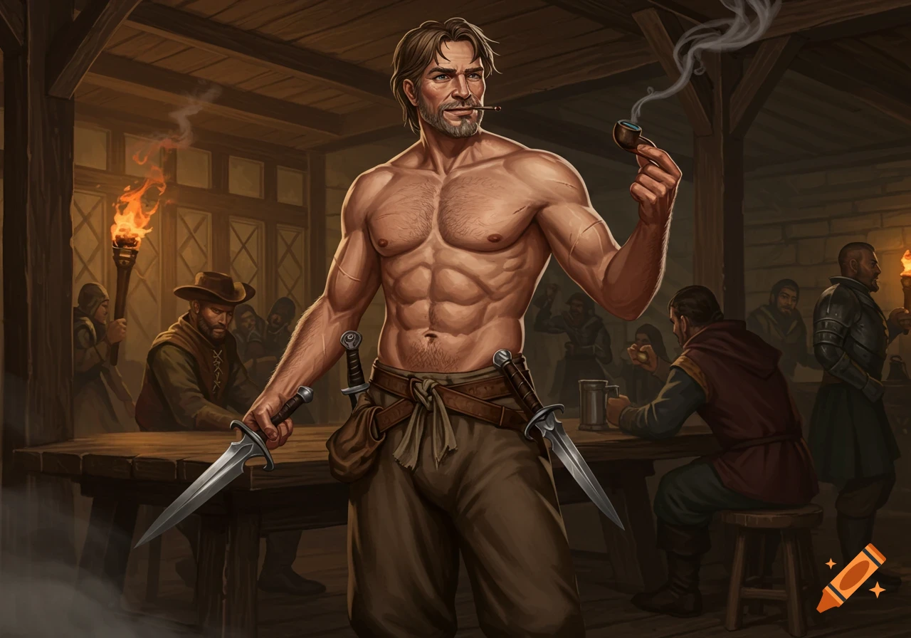 D&D style character art of a shirtless, muscular man with a pipe and daggers in a rustic tavern.