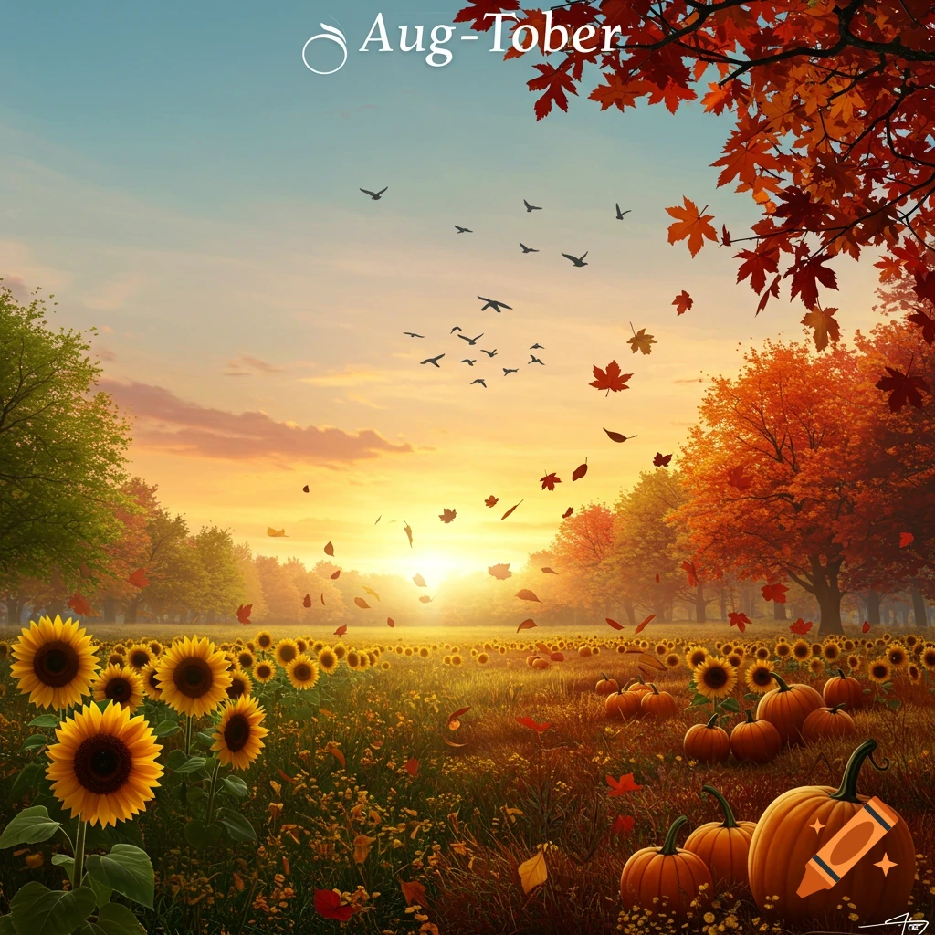 A vibrant autumn landscape with a field of sunflowers and pumpkins, fall leaves, birds flying, and a sunset.