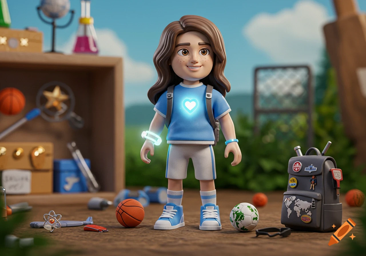A custom action figure of a brown-haired kid with a glowing heart and bracelet, surrounded by sports and science items in an outdoor setting.