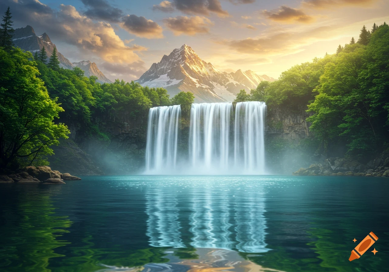 A majestic waterfall cascades into a serene lake, surrounded by lush green trees and towering snow-capped mountains under a vibrant sunset sky.
