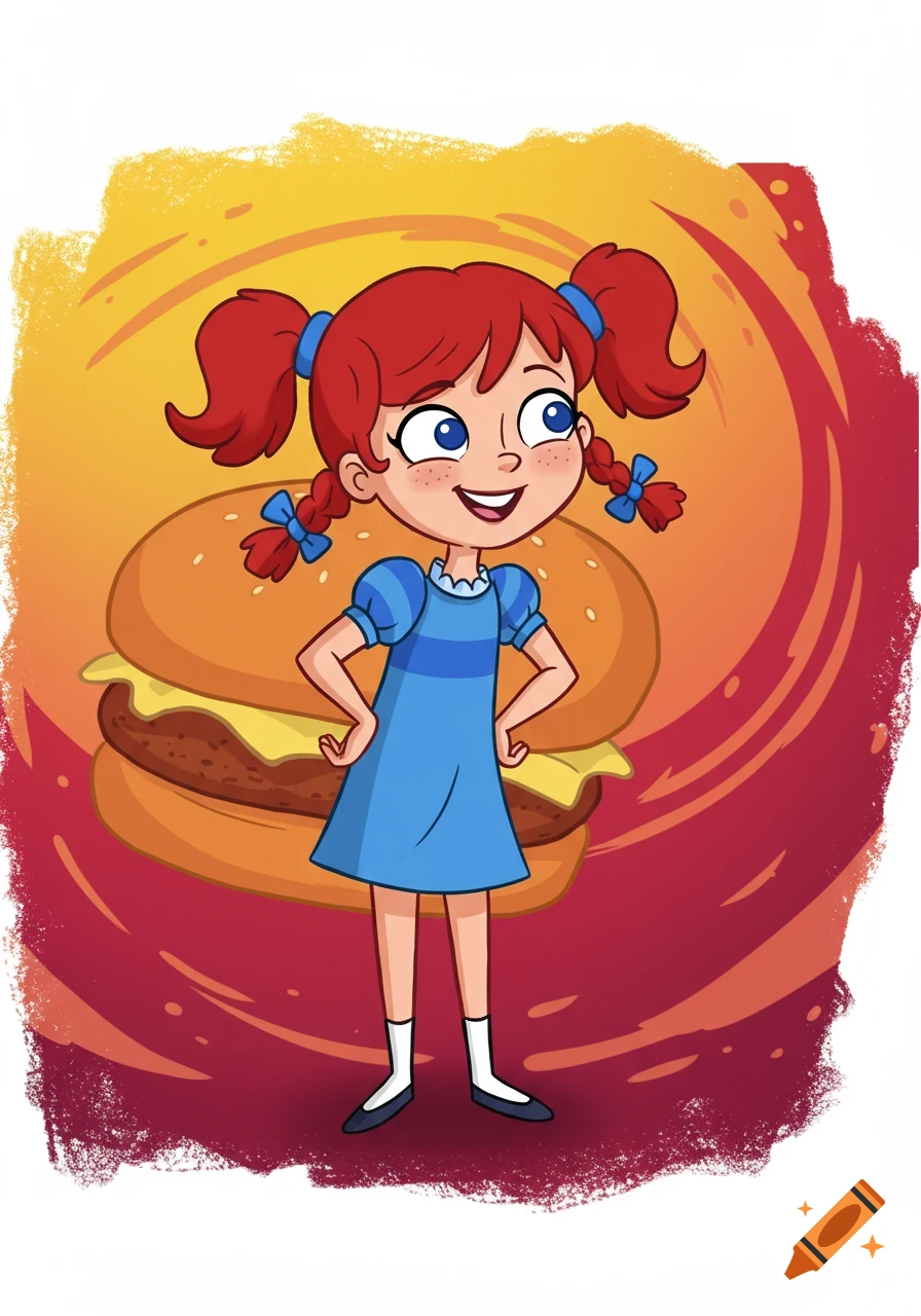 A cartoon girl with red pigtails and a blue dress stands in front of a hamburger, in the style of Phineas and Ferb.