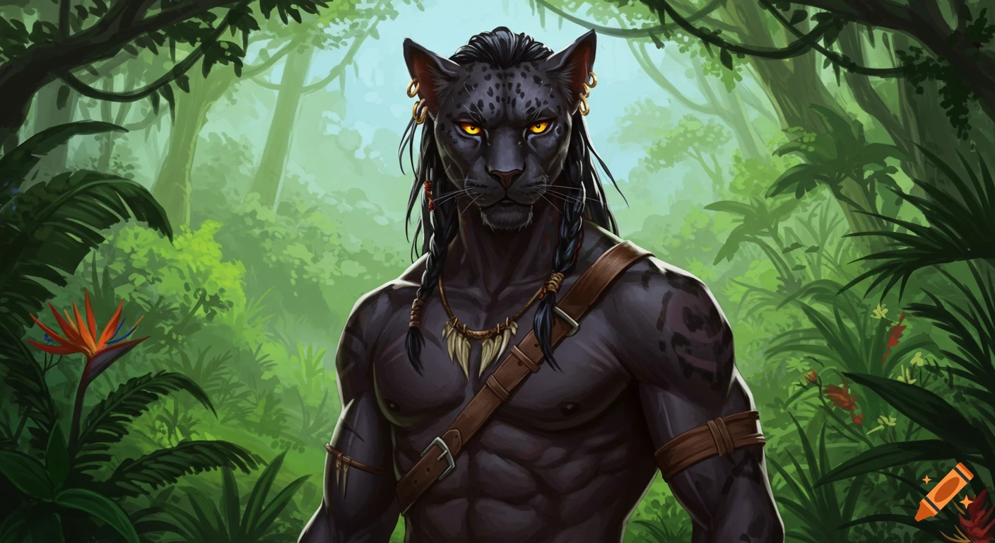 A muscular black panther man with yellow eyes and braided hair, wearing leather and bones, stands in a vibrant jungle.