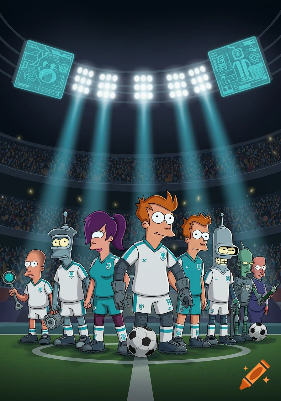 Futurama characters, including Fry, Leela, Bender, and Zoidberg, dressed in soccer uniforms, stand on a soccer field in a stadium.