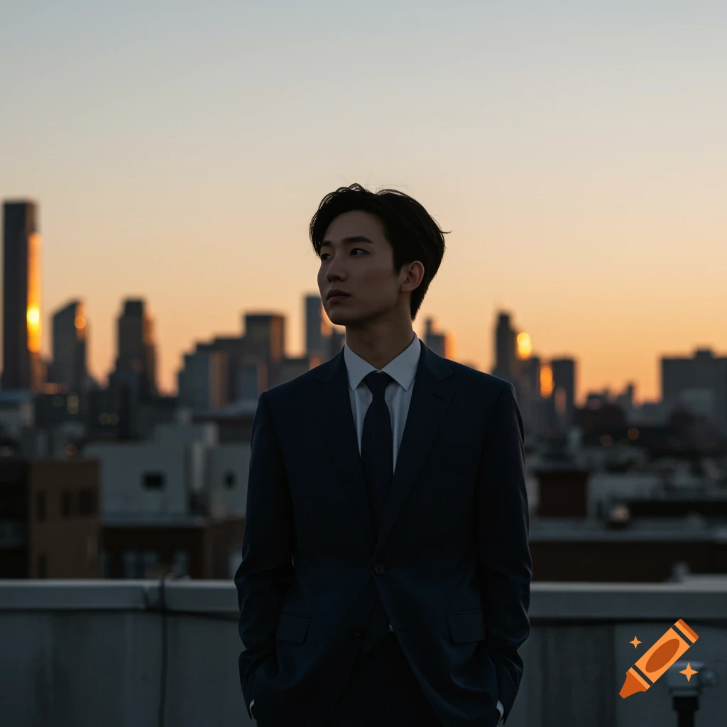 A young man in a dark suit stands on a rooftop, looking to the side, with a city skyline at sunset in the background.