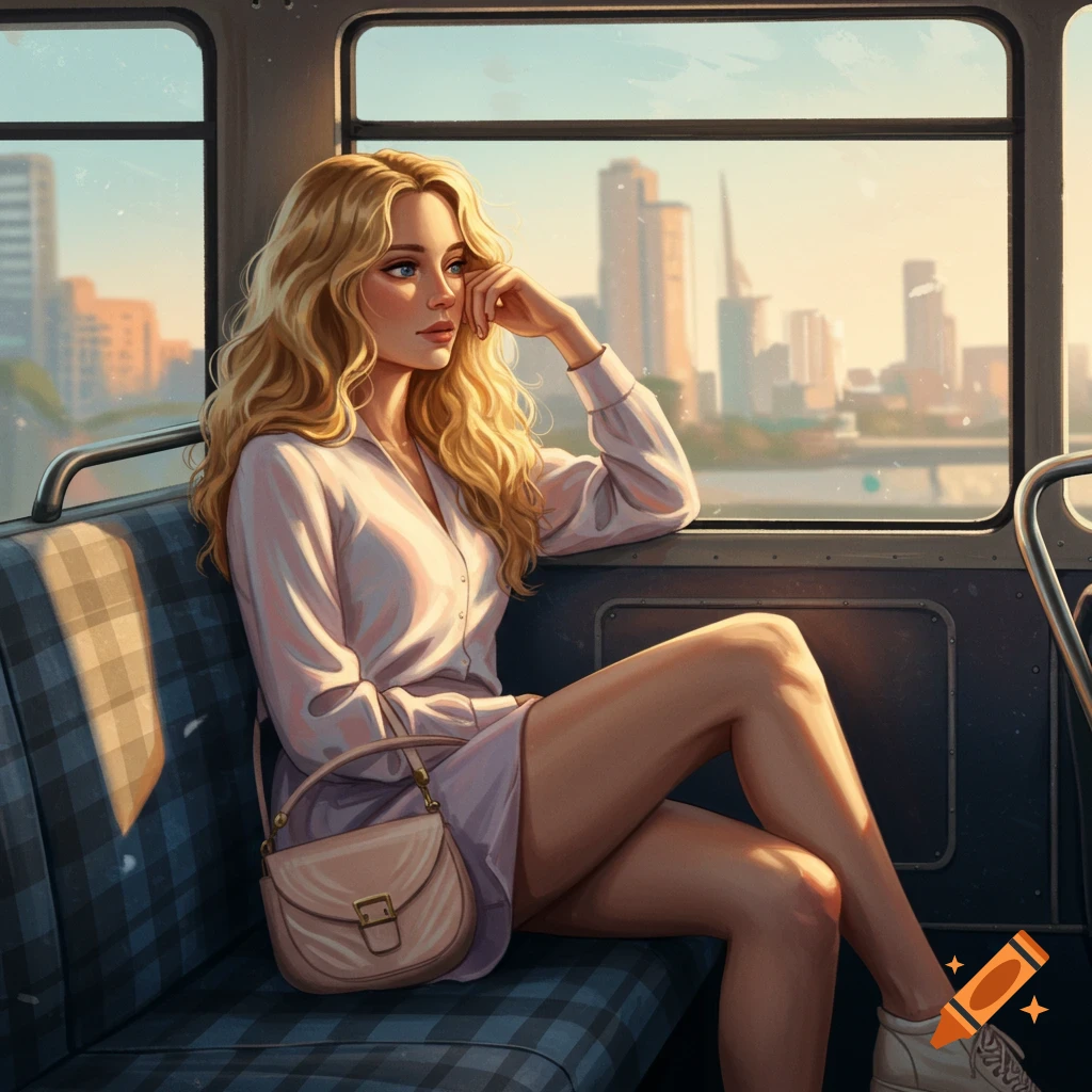 A blonde woman in a light dress sits on a bus seat, looking out the window at a city skyline, in a digital art style.