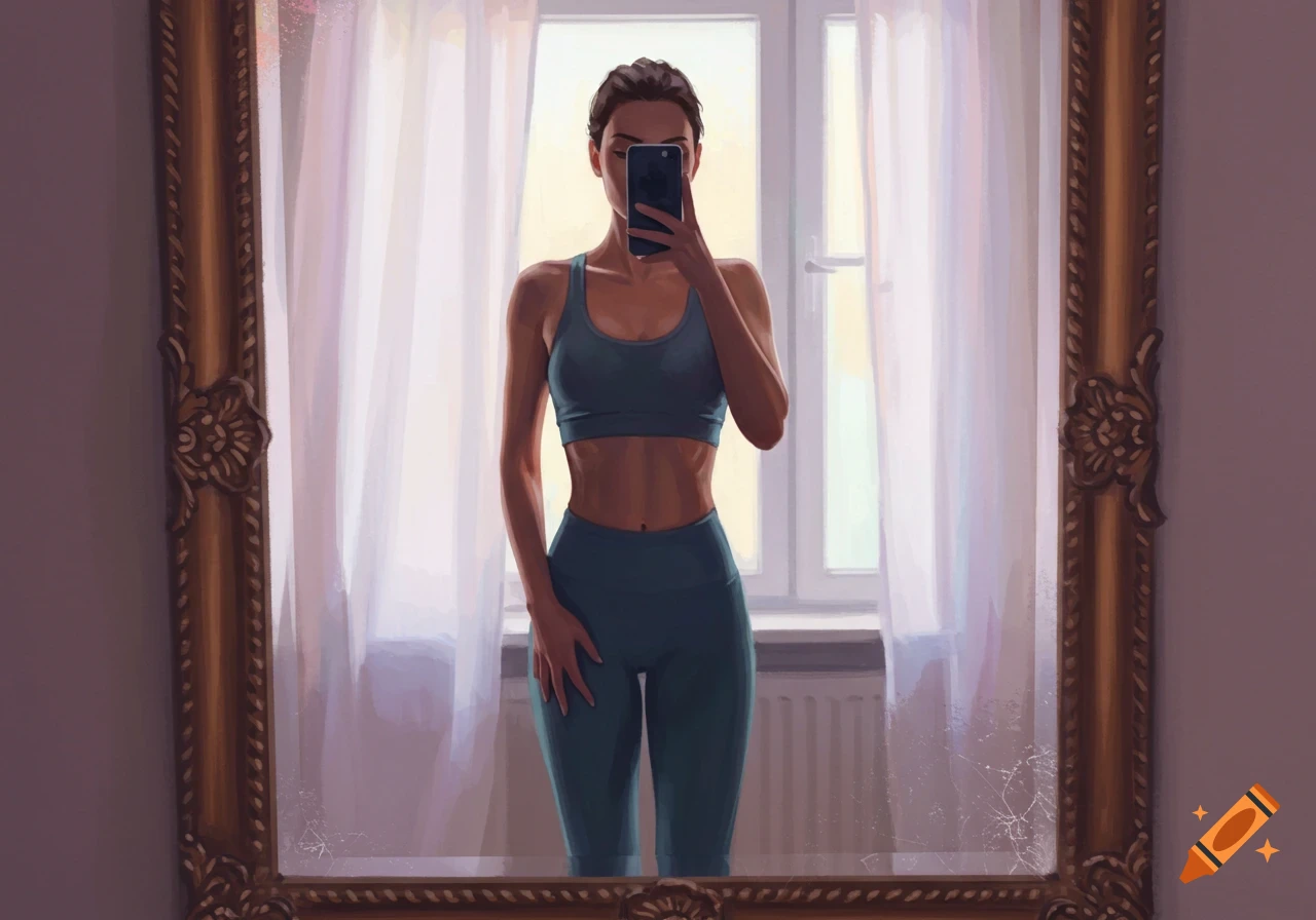 A woman in athletic wear takes a mirror selfie, holding a phone to obscure her face. The image has a soft, painterly style.