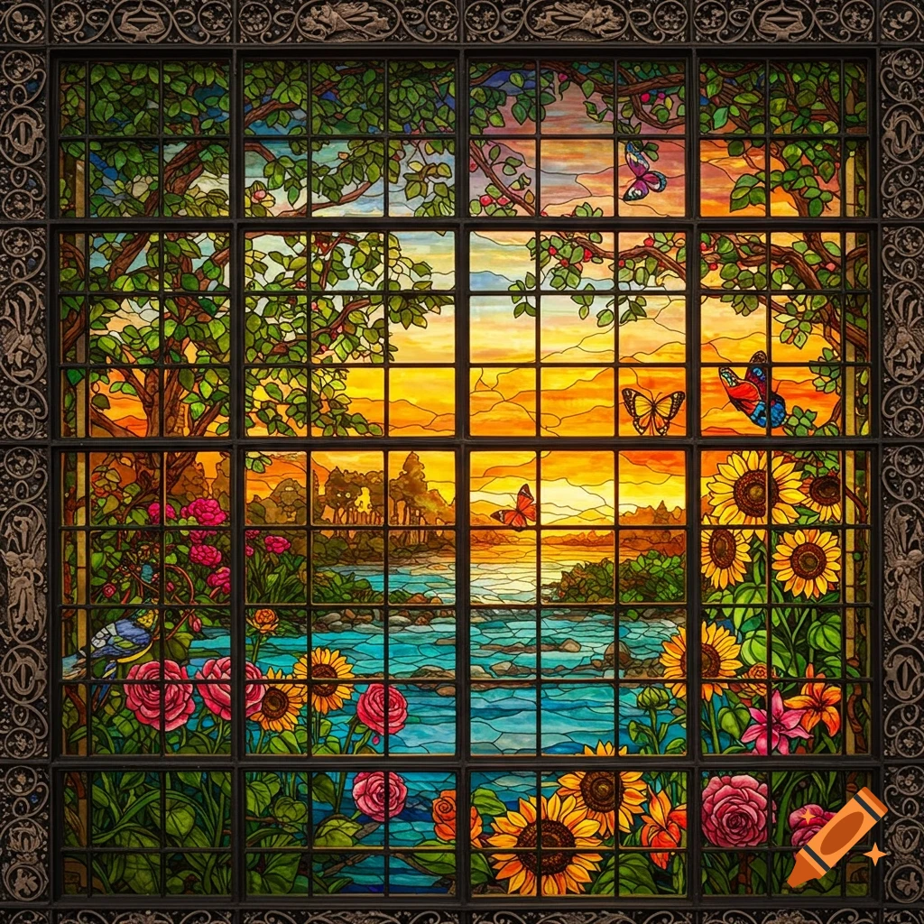 A vibrant stained glass window depicting a nature scene with trees, sunflowers, roses, butterflies, and a river under a sunset sky.