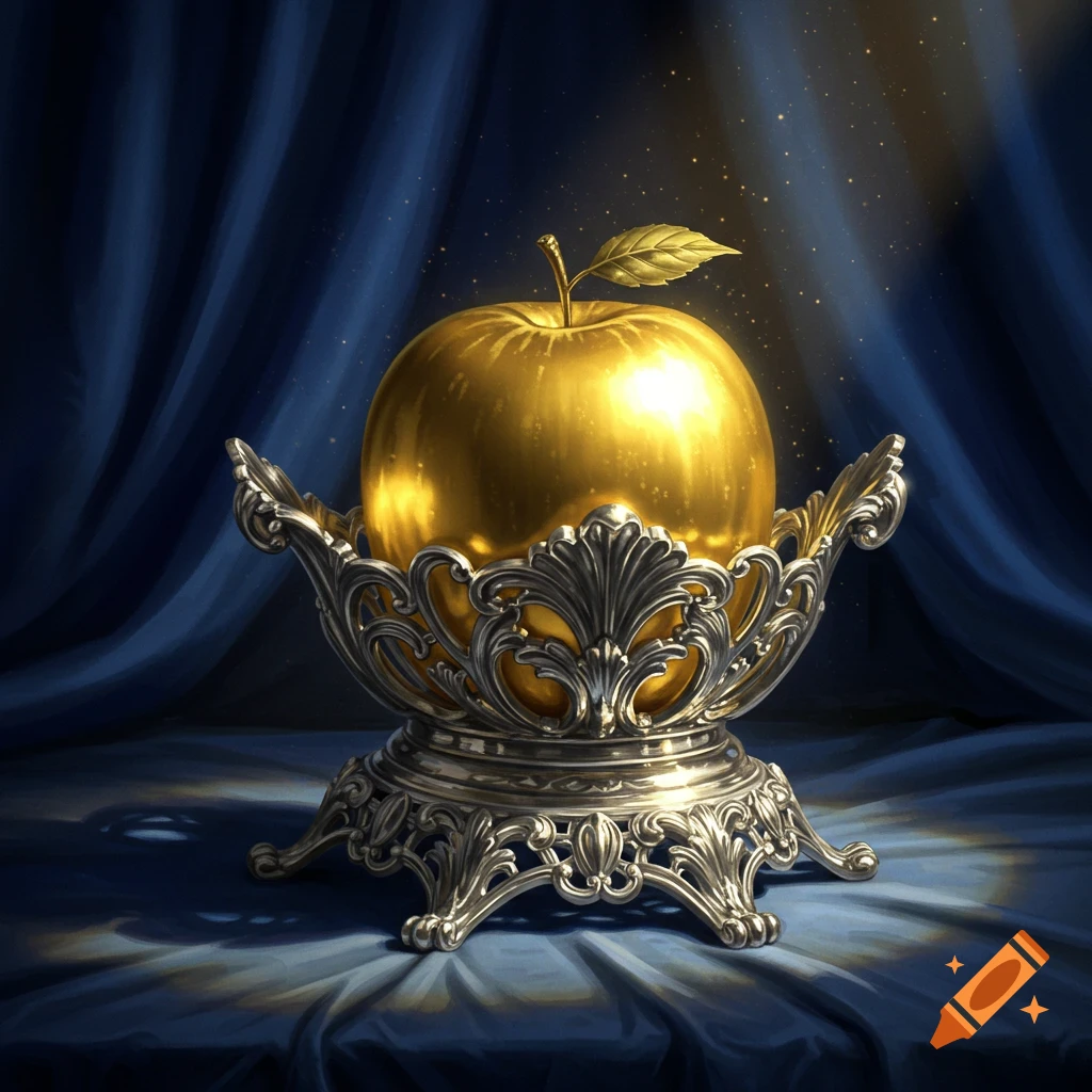 A glowing golden apple with a small leaf sits in an ornate silver bowl on a draped blue cloth, bathed in a spotlight.