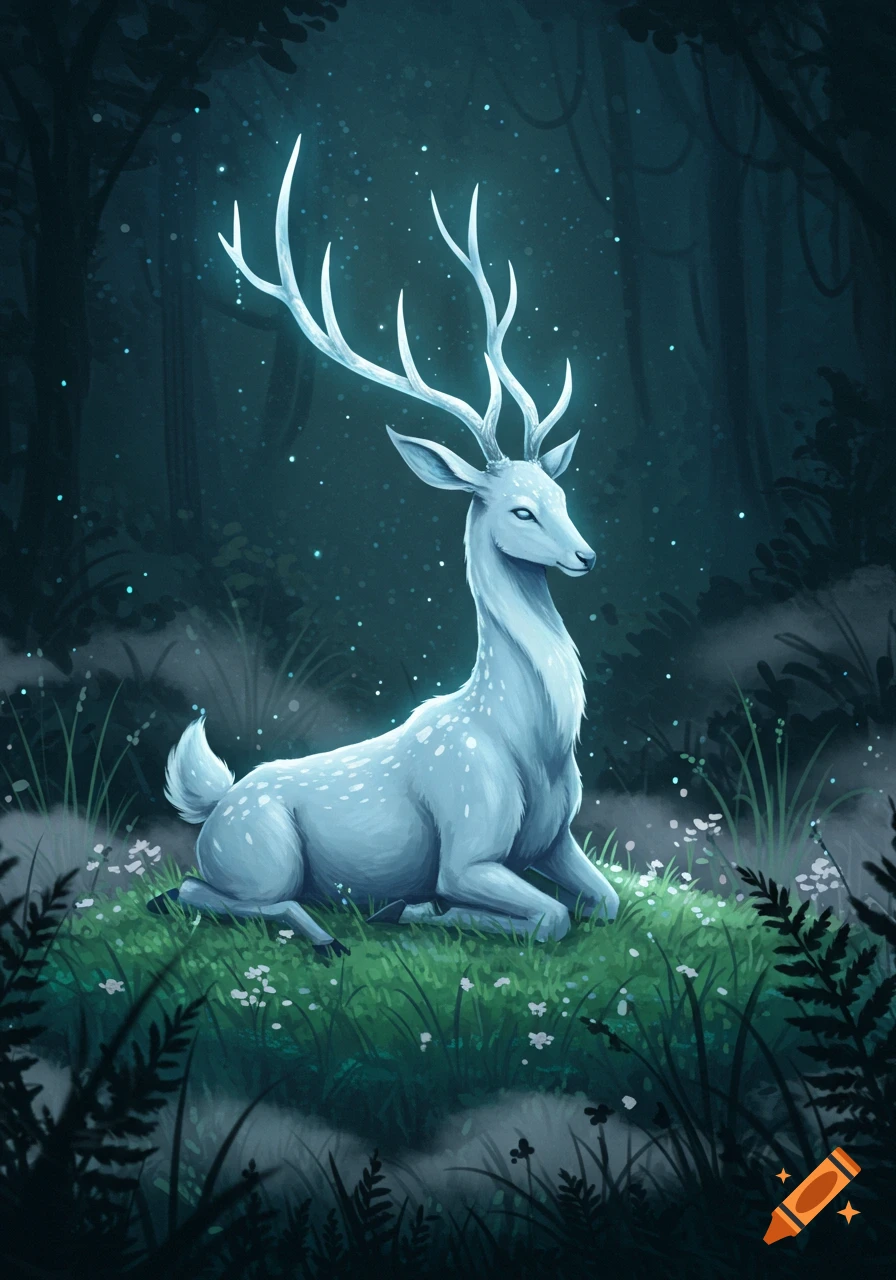 A luminous white deer with glowing antlers rests in a dark, mystical forest at night.