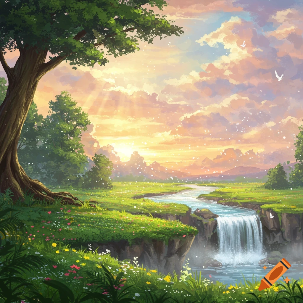 Vibrant fantasy landscape with a river, waterfall, green fields, and a large tree under a golden sunset sky.
