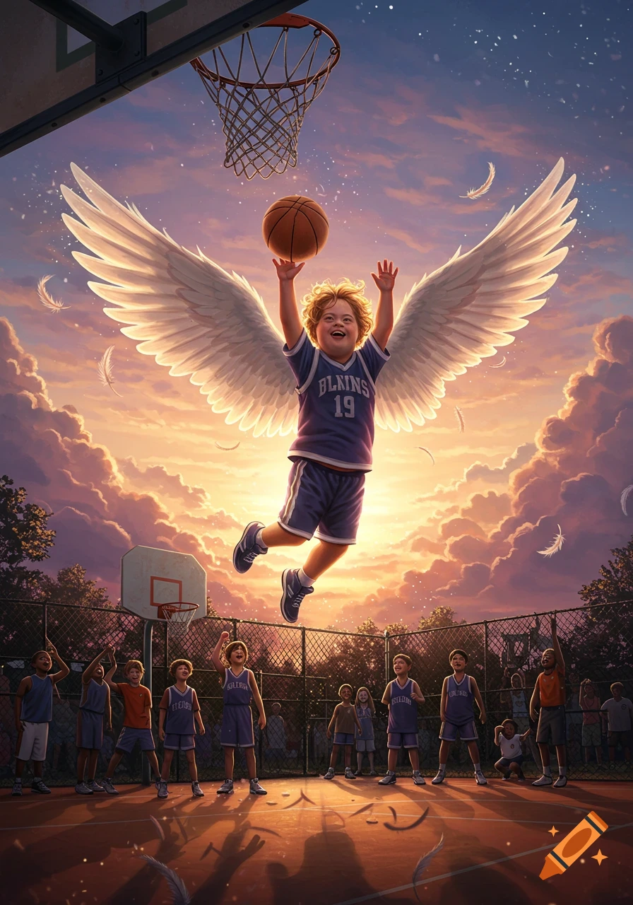 A boy with wings jumps to dunk a basketball at sunset, watched by other kids on a court.