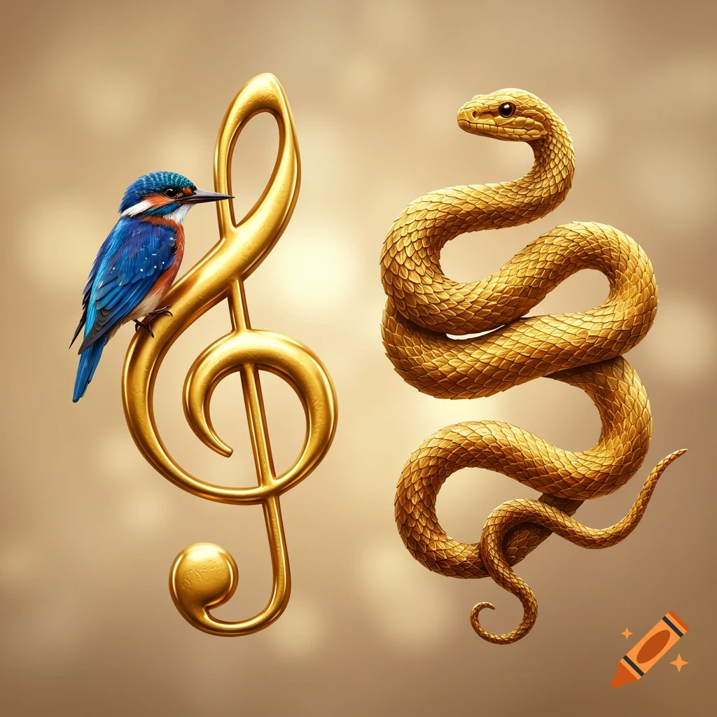 A blue kingfisher bird perches on a shiny golden treble clef, with a coiled golden snake next to it on a light brown background.