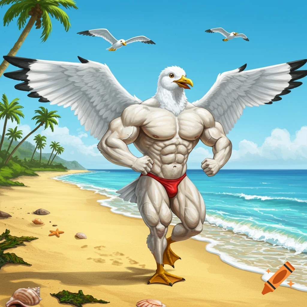 A muscular anthropomorphic seagull-man hybrid wearing a red speedo stands on a sunny beach with palm trees and the ocean.