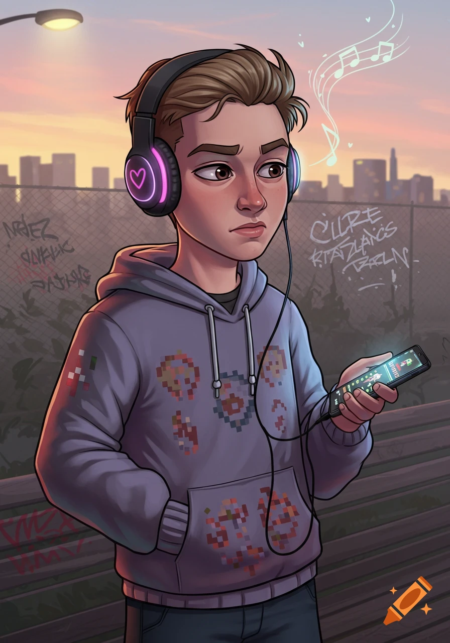 A male cartoon character with headphones, wearing a purple hoodie with pixelated designs, looking contemplatively while holding a glowing smartphone. He stands outdoors against a fence with graffiti and a city skyline at sunset.