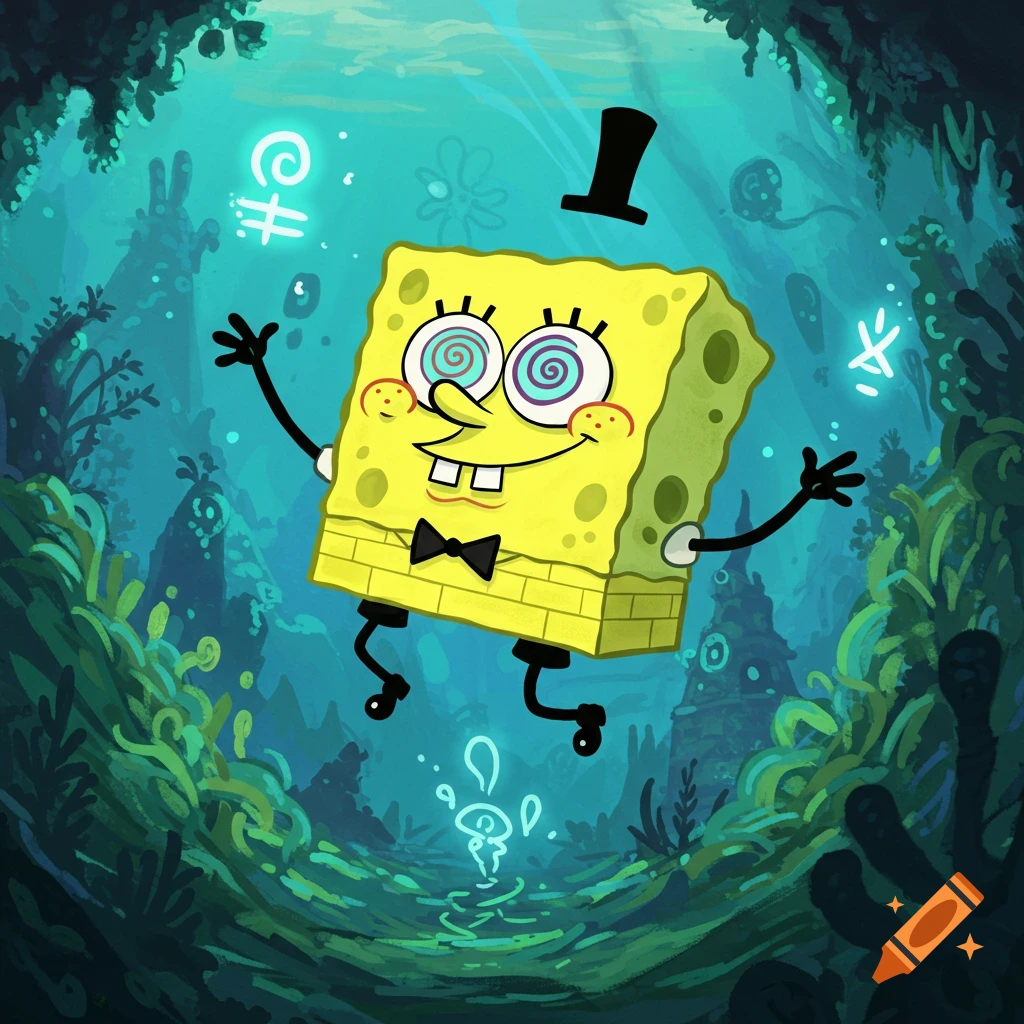 Spongebob Squarepants with Bill Cipher's top hat and hypnotic eyes, floating underwater with glowing symbols.