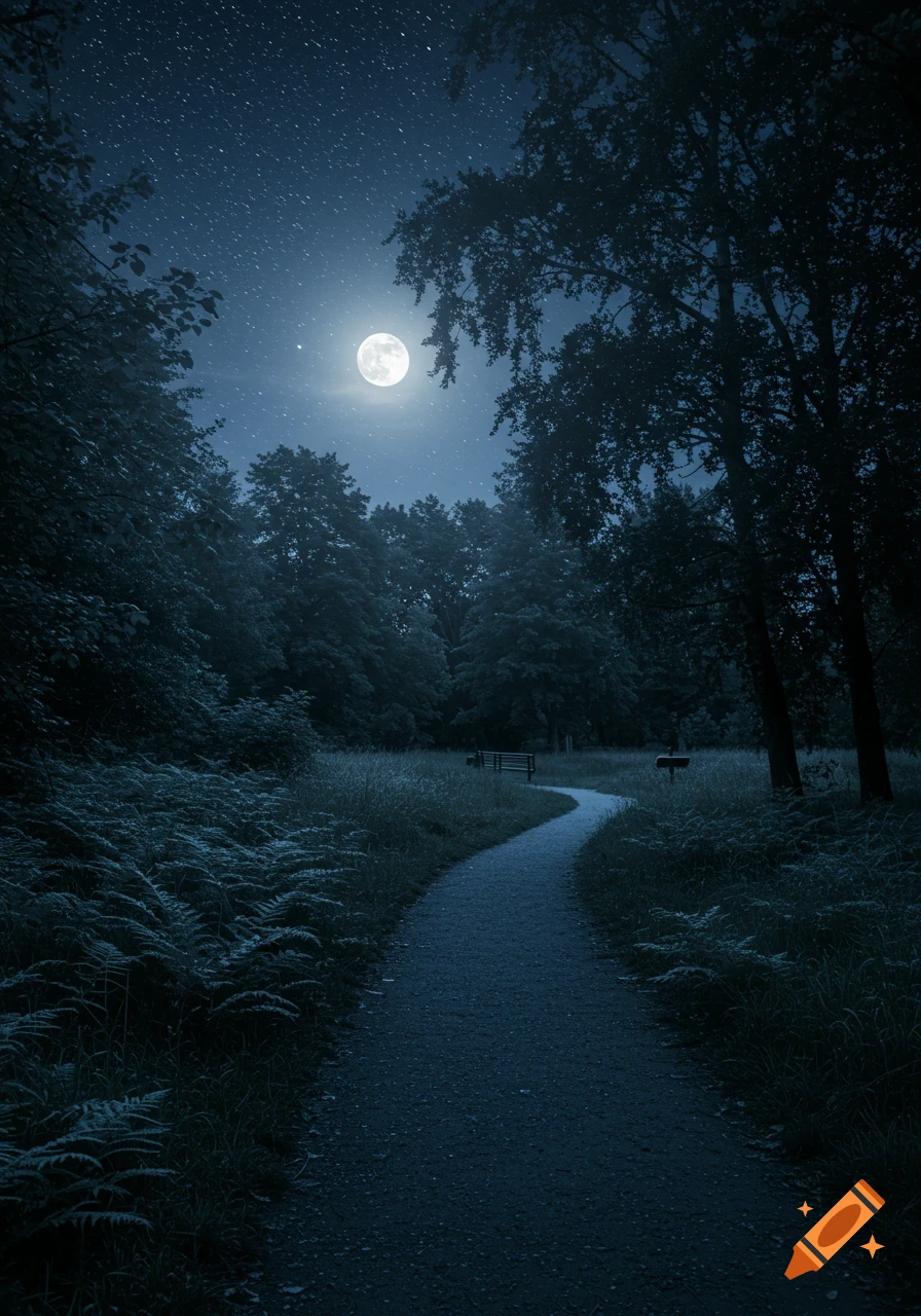 A winding path leads through a dark park at night under a bright full moon and starry sky, with silhouetted trees.